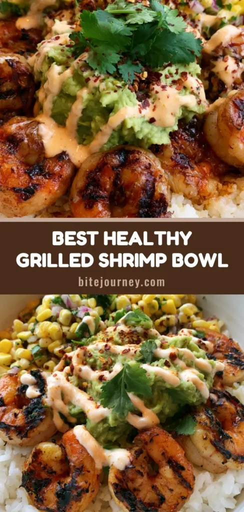 A handheld smartphone photo of a white ceramic Grilled Shrimp Bowl featuring charred pink shrimp, a scoop of green avocado mash, yellow corn salsa, and a pale orange spicy lime drizzle.