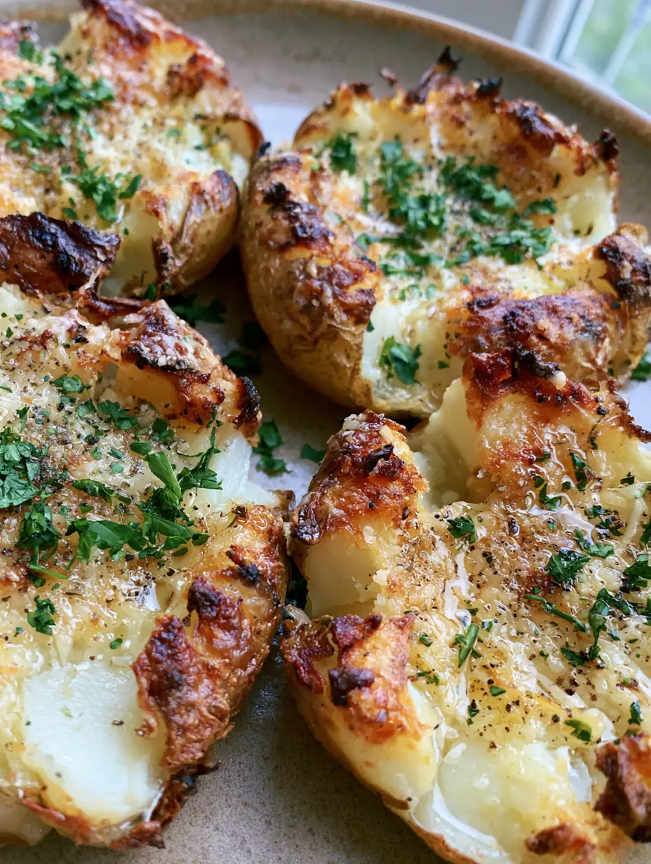 Close-up of Garlic Parmesan Smashed Potatoes on a rustic plate showing jagged crispy edges and melted butter.