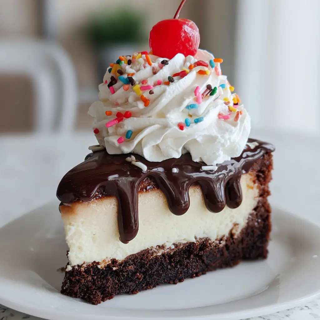 Smartphone photo of a Hot Fudge Brownie Cheesecake slice showing the brownie, cheesecake, and fudge layers. (Hot Fudge Brownie Cheesecake)