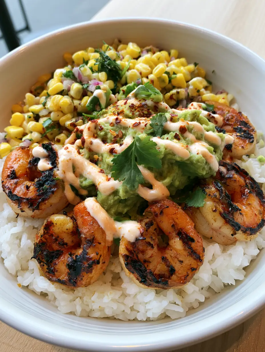 Close up of a Grilled Shrimp Bowl on a wooden table with visible grill marks on the shrimp and vibrant corn kernels.