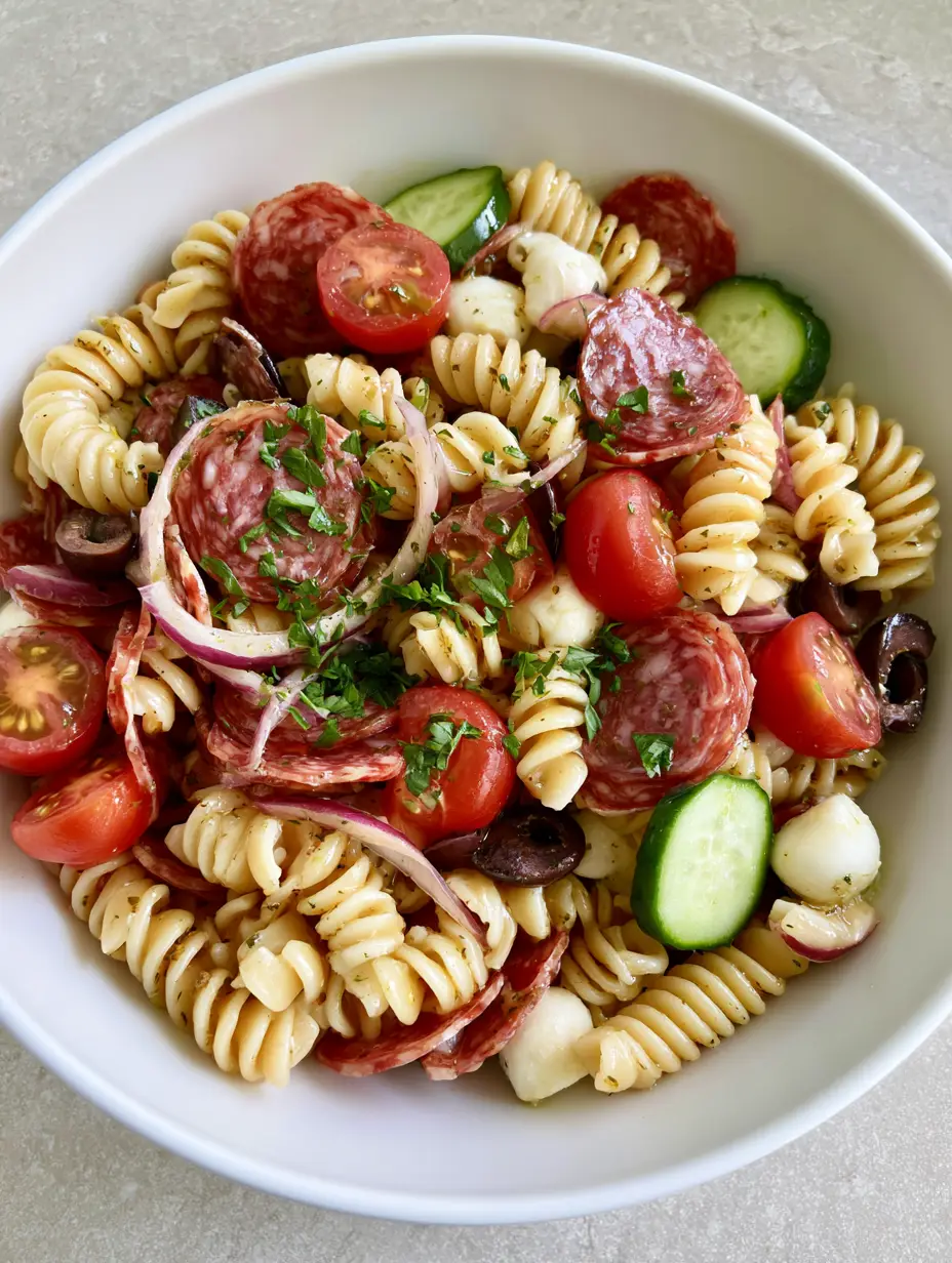 Handheld photo of High-Protein Italian Pasta Salad featuring rotini, salami, tomatoes, and cucumbers on a grey stone surface. (High-Protein Italian Pasta Salad)