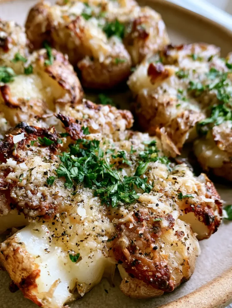 A bird's eye view of smashed potatoes topped with finely grated parmesan and cracked black pepper.