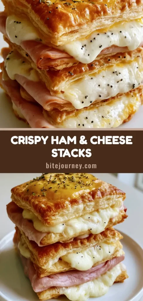 A tall stack of Ham and Cheese Puff Pastry squares with melted Swiss cheese, golden egg wash, and poppy seeds on a white plate.