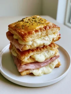 Close-up of golden flaky layers in a Ham and Cheese Puff Pastry showing melted Swiss cheese and savory ham.