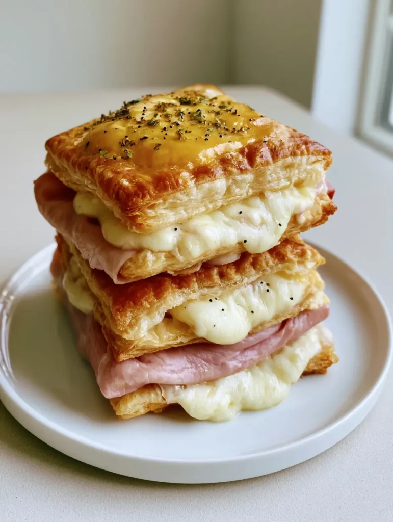 Top view of Ham and Cheese Puff Pastry squares garnished with black poppy seeds and dried parsley.
