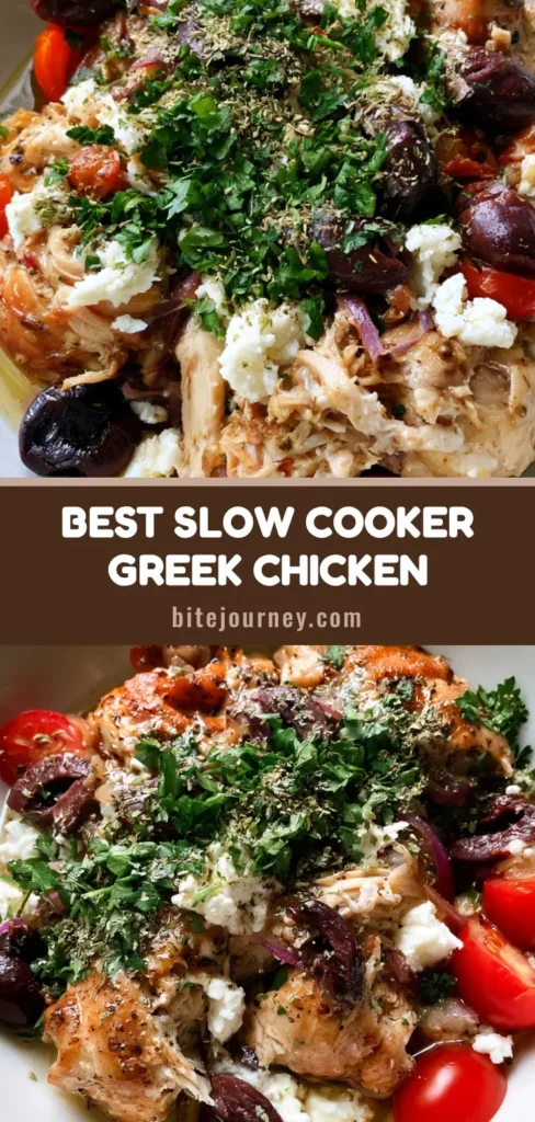 A top-down view of Slow Cooker Greek Chicken in a white bowl, featuring shredded chicken, feta cheese, and kalamata olives. (Slow Cooker Greek Chicken)