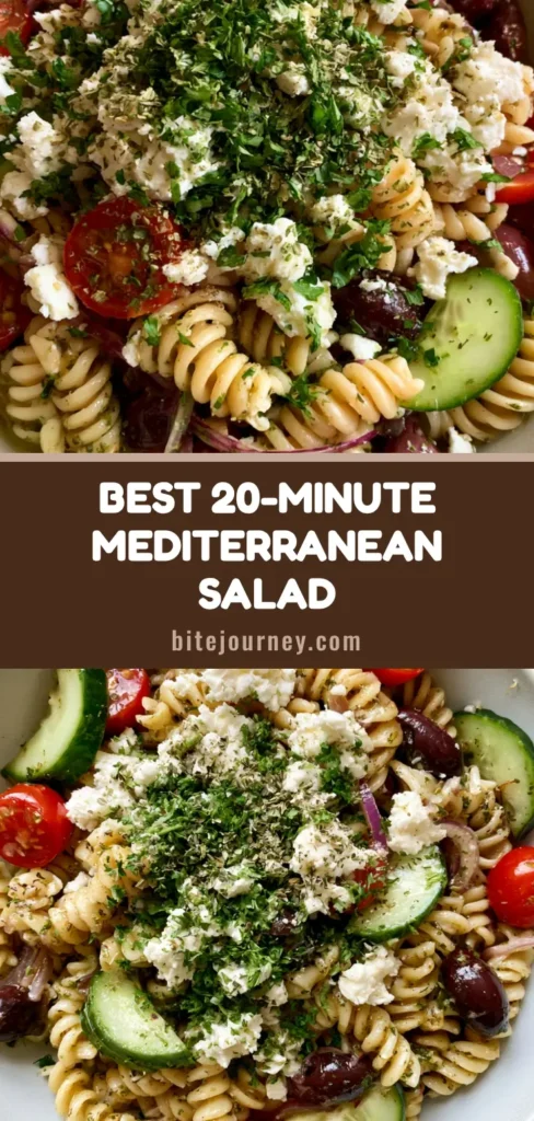 A close-up shot of Mediterranean Pasta Salad with rotini, cherry tomatoes, and feta cheese in a white bowl. (Mediterranean Pasta Salad)