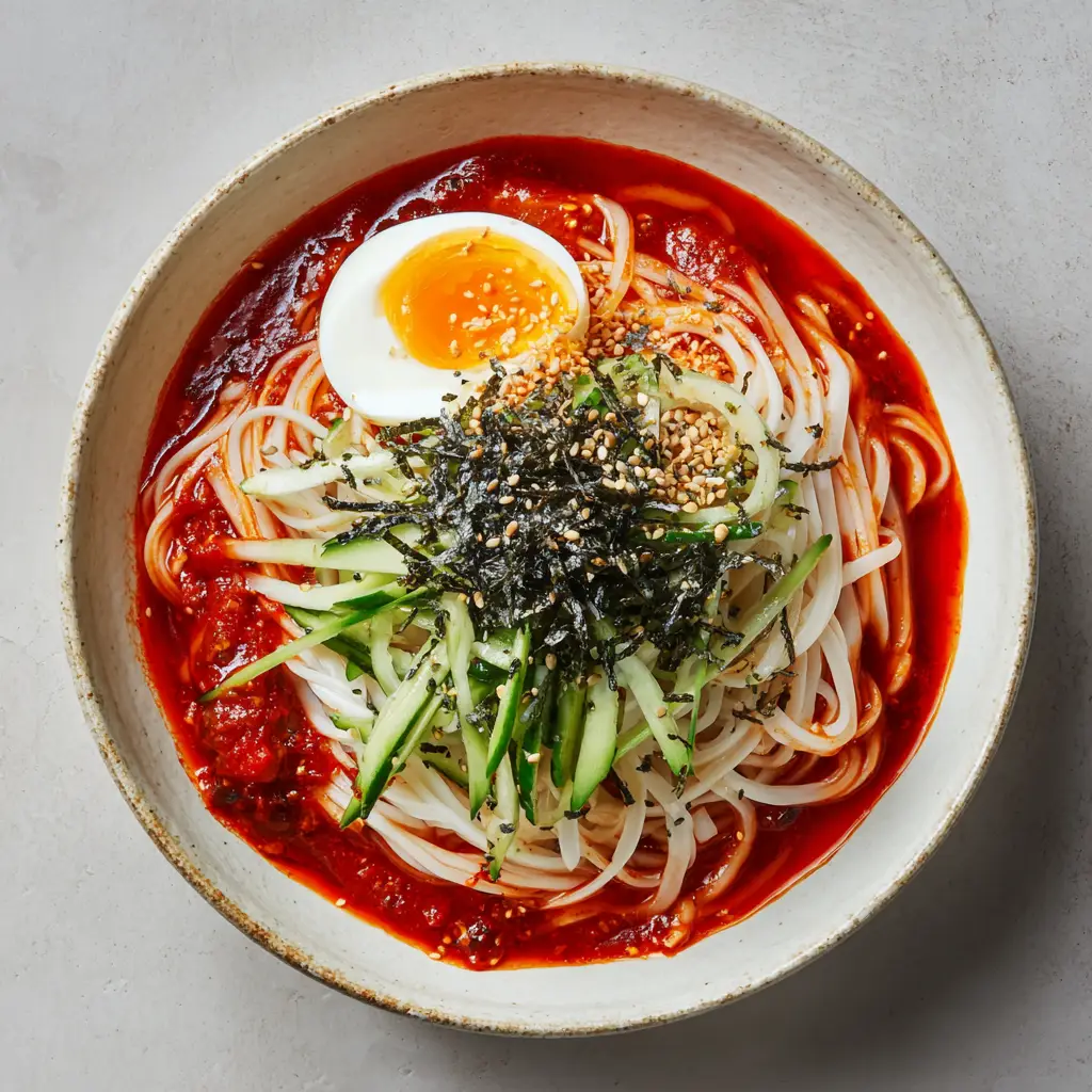 Close up view of tangled thin wheat noodles thoroughly coated in a vibrant red spicy gochujang sauce for Bibim Guksu.