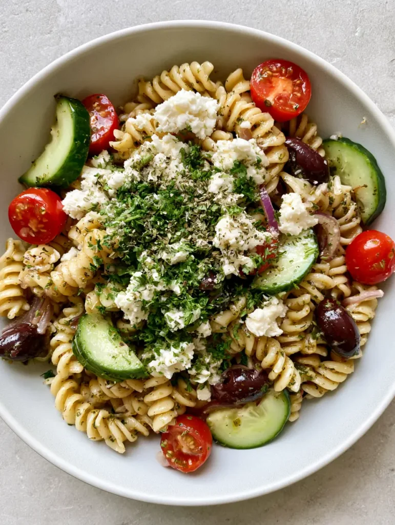 Top-down view of Mediterranean Pasta Salad featuring herb-flecked rotini, quarter-moon cucumbers, and dark olives on a gray stone surface. (Mediterranean Pasta Salad)