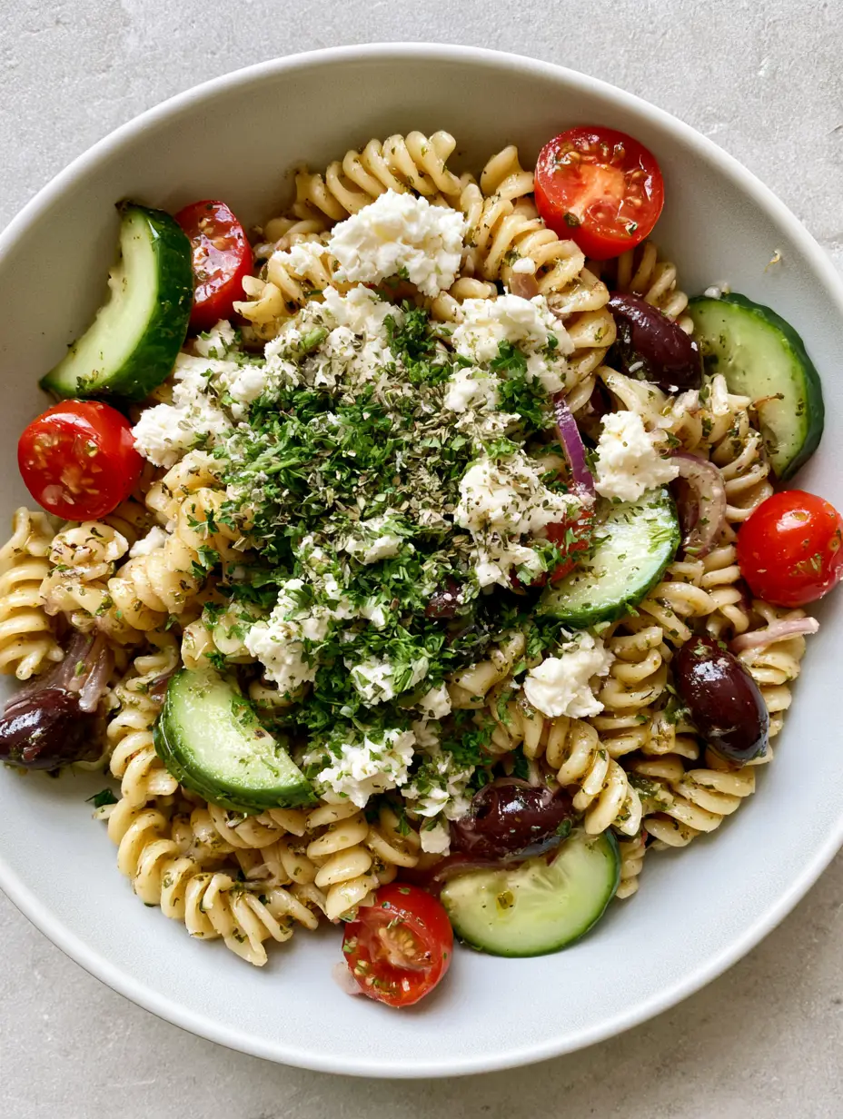 Top-down view of Mediterranean Pasta Salad featuring herb-flecked rotini, quarter-moon cucumbers, and dark olives on a gray stone surface. (Mediterranean Pasta Salad)