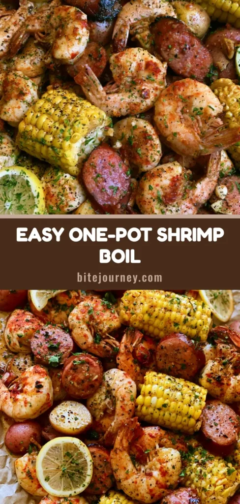 A classic Shrimp Boil Recipe spread on brown parchment paper with succulent large shrimp, charred sausage, corn, and garlic butter sauce.