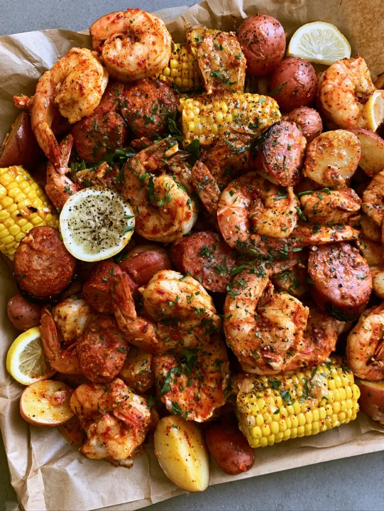 Close up of charred smoked sausage and large shrimp in a garlic butter sauce (Shrimp Boil Recipe).