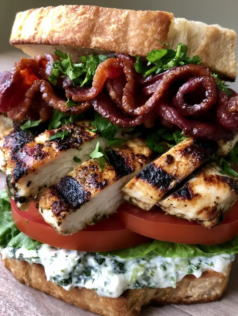 Close-up of a Loaded Chicken Club showing the charred grill marks on the chicken strips and creamy white aioli. (Loaded Chicken Club)