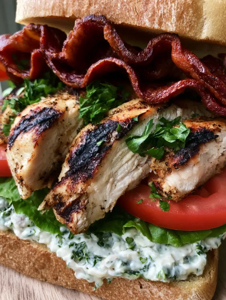 Loaded Chicken Club with Herb Aioli and Crispy Bacon 1 A handheld shot of a Loaded Chicken Club sandwich against a neutral wooden background. (Loaded Chicken Club)