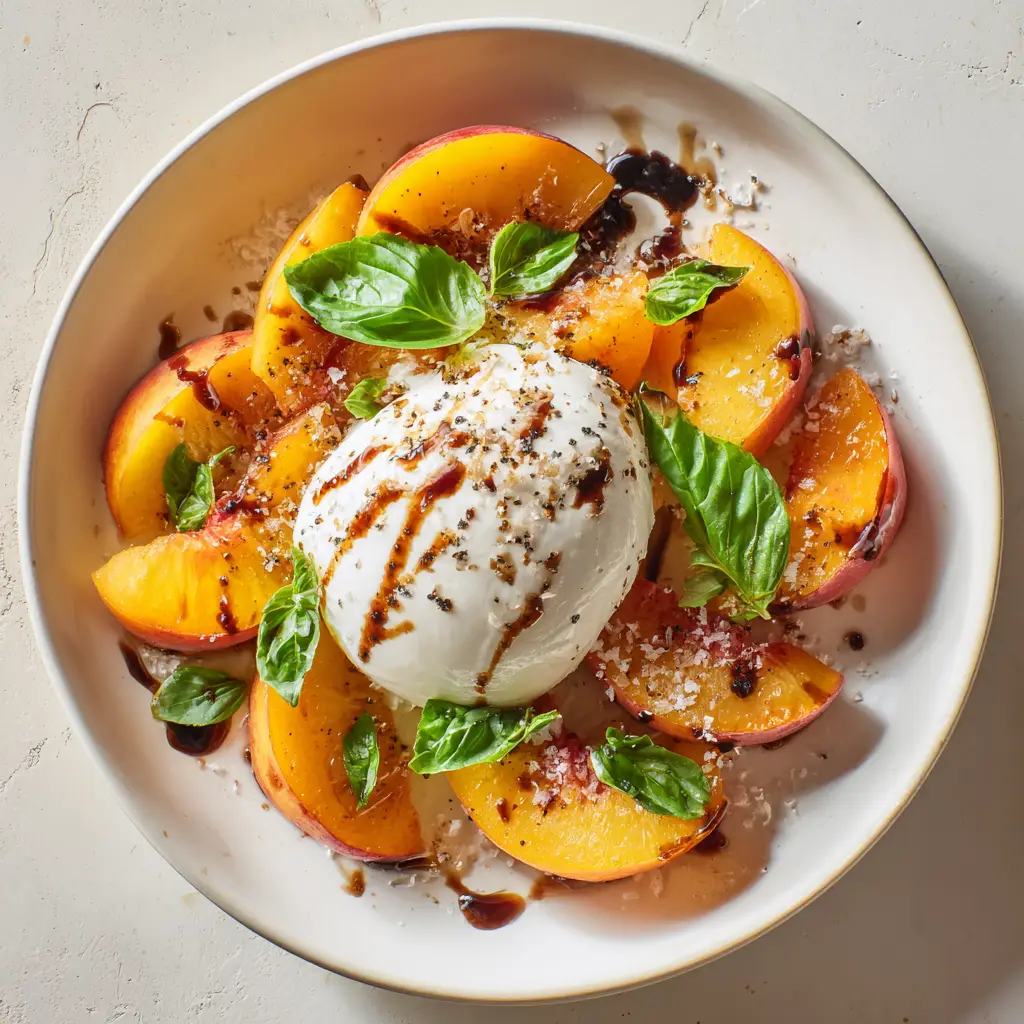 Close up overhead shot of Peach Burrata Salad showing the creamy cheese interior and vibrant peach slices.