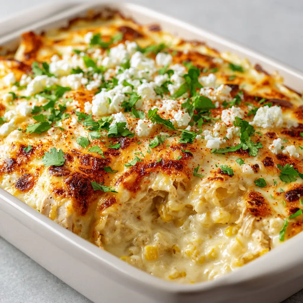 Detailed shot of the toasted mozzarella and monterey jack crust on the Street Corn Chicken Casserole.