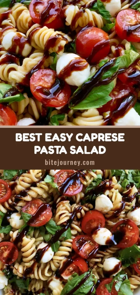 A top-down view of Caprese Pasta Salad in a white bowl featuring rotini, cherry tomatoes, mozzarella pearls, and a balsamic glaze zigzag.