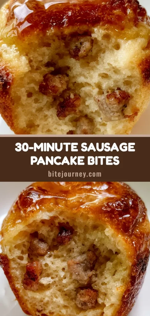 A close-up of Sausage Pancake Muffins with a glistening maple syrup glaze and savory sausage crumbles.
