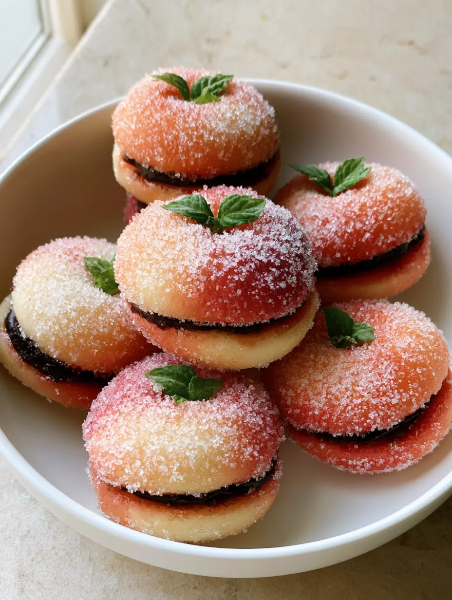 Italian Peach Cookies: The Most Beautiful Italian Dessert (Pesche Dolci) 3 A white ceramic bowl filled with sugar-coated Italian Peach Cookies with chocolate hazelnut filling visible at the seams.