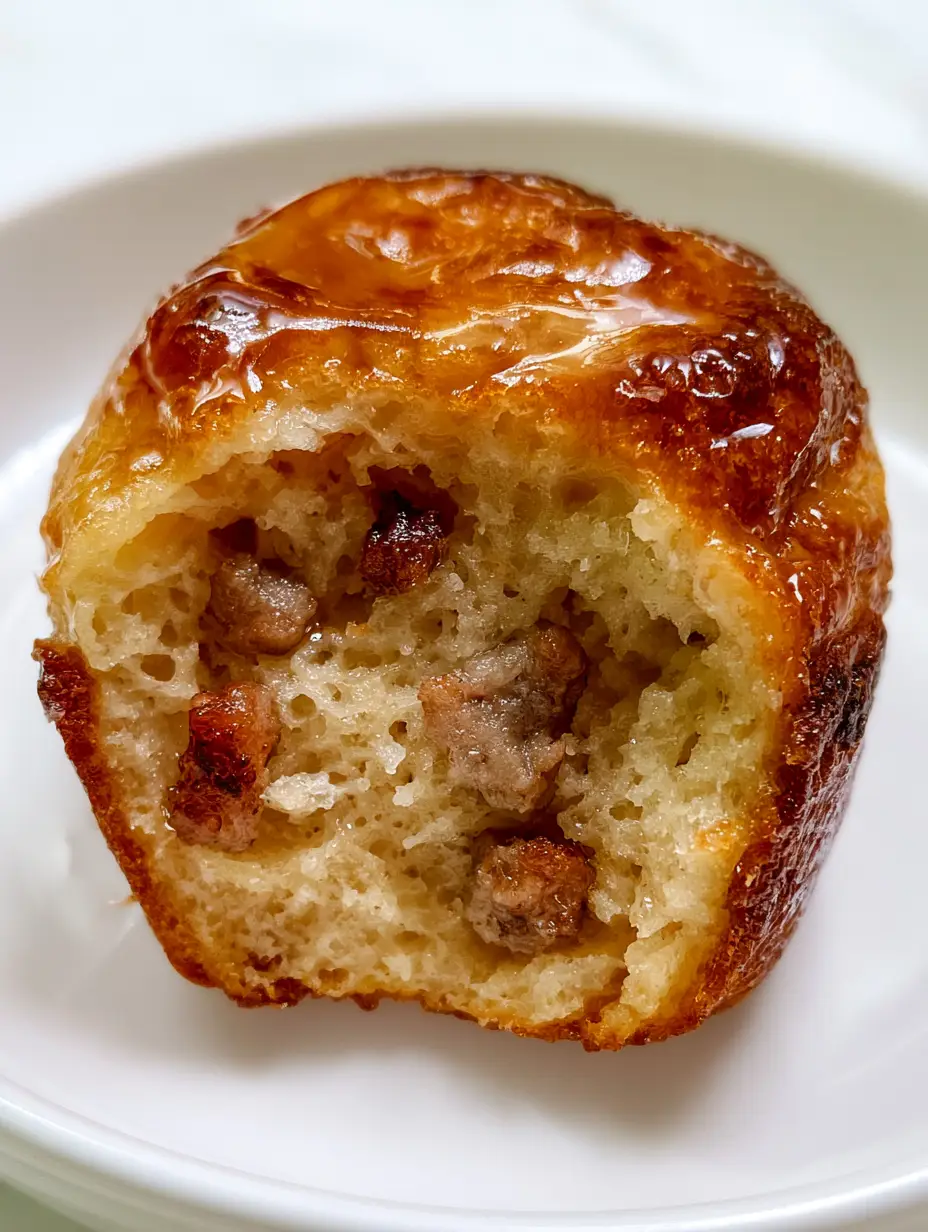 Macro photo of a Sausage Pancake Muffin showing the light-beige porous interior and grey-brown sausage pieces.