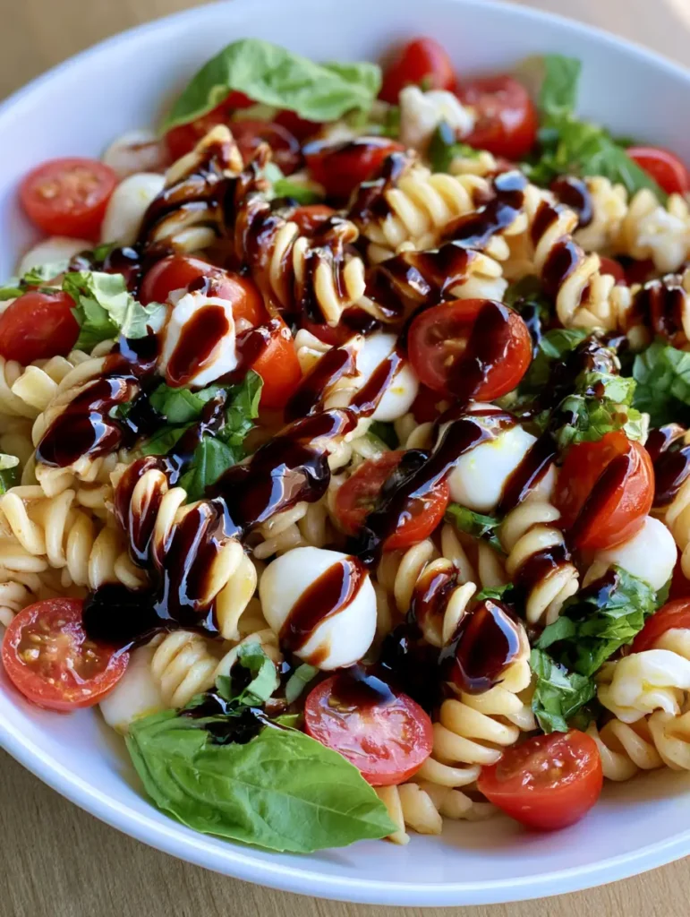 Detailed shot of mini mozzarella pearls and torn basil in a Caprese Pasta Salad.