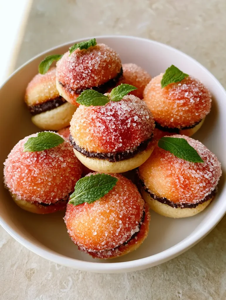 Italian Peach Cookies: The Most Beautiful Italian Dessert (Pesche Dolci) 1 Handheld photo of Italian Peach Cookies sparkling with granulated sugar coating and mint leaf accents.