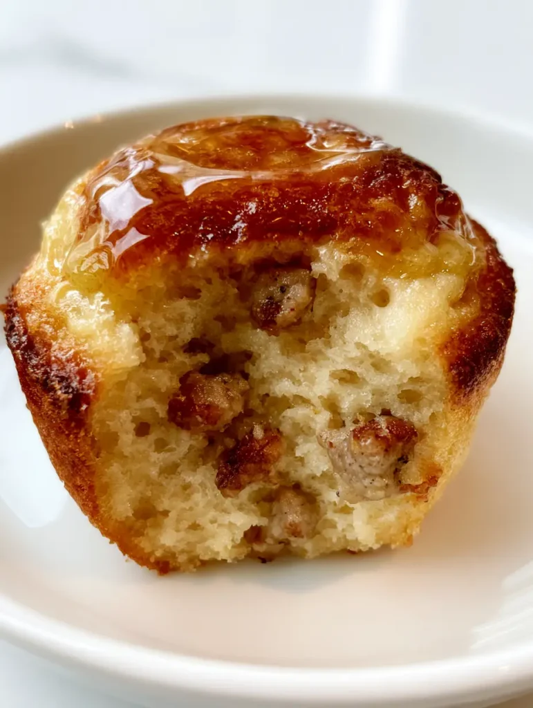 A single golden-brown Sausage Pancake Muffin on a white plate with a sticky maple glaze top.
