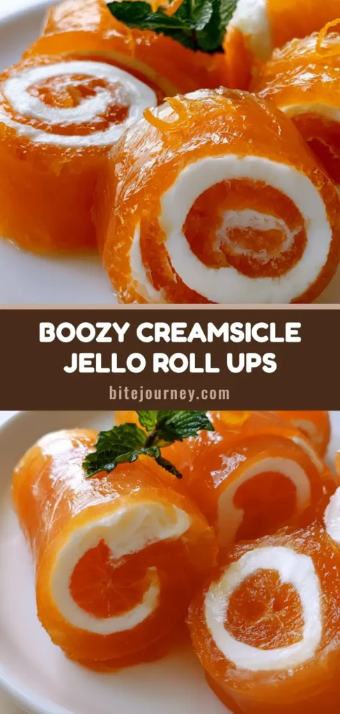 A close-up view of Creamsicle Vodka Jello Rollups on a white plate, showing the orange and white spiral pattern with mint and orange zest garnish.