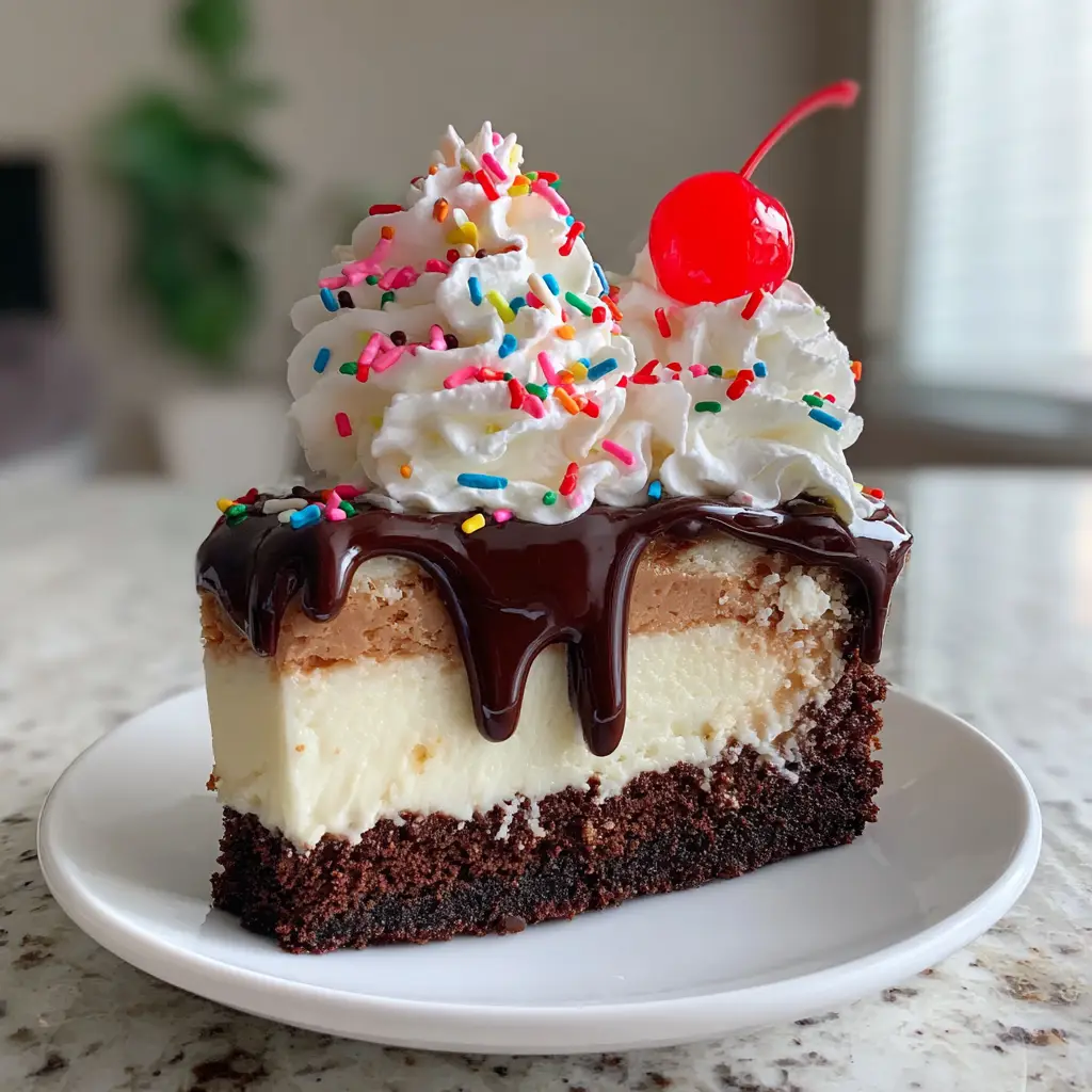 Close up of the glossy chocolate drip and rainbow sprinkles on a Hot Fudge Brownie Cheesecake.