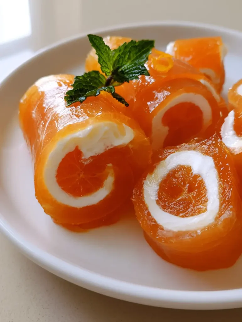 Close-up handheld photo of a Creamsicle Vodka Jello Rollup held over a white ceramic plate.