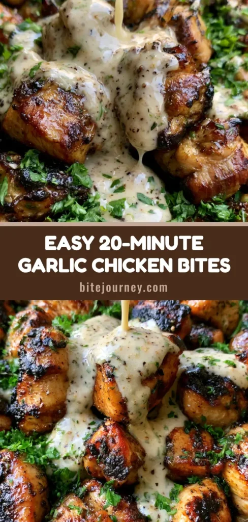A vertical close-up of Grilled Chicken Bites in a matte black skillet, drizzled with thick garlic sauce and sprinkled with fresh parsley.
