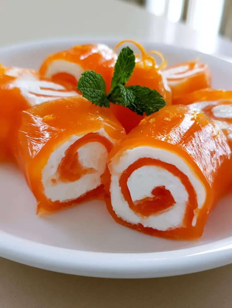 A platter of Creamsicle Vodka Jello Rollups showing the thin translucent orange layer and opaque white filling.