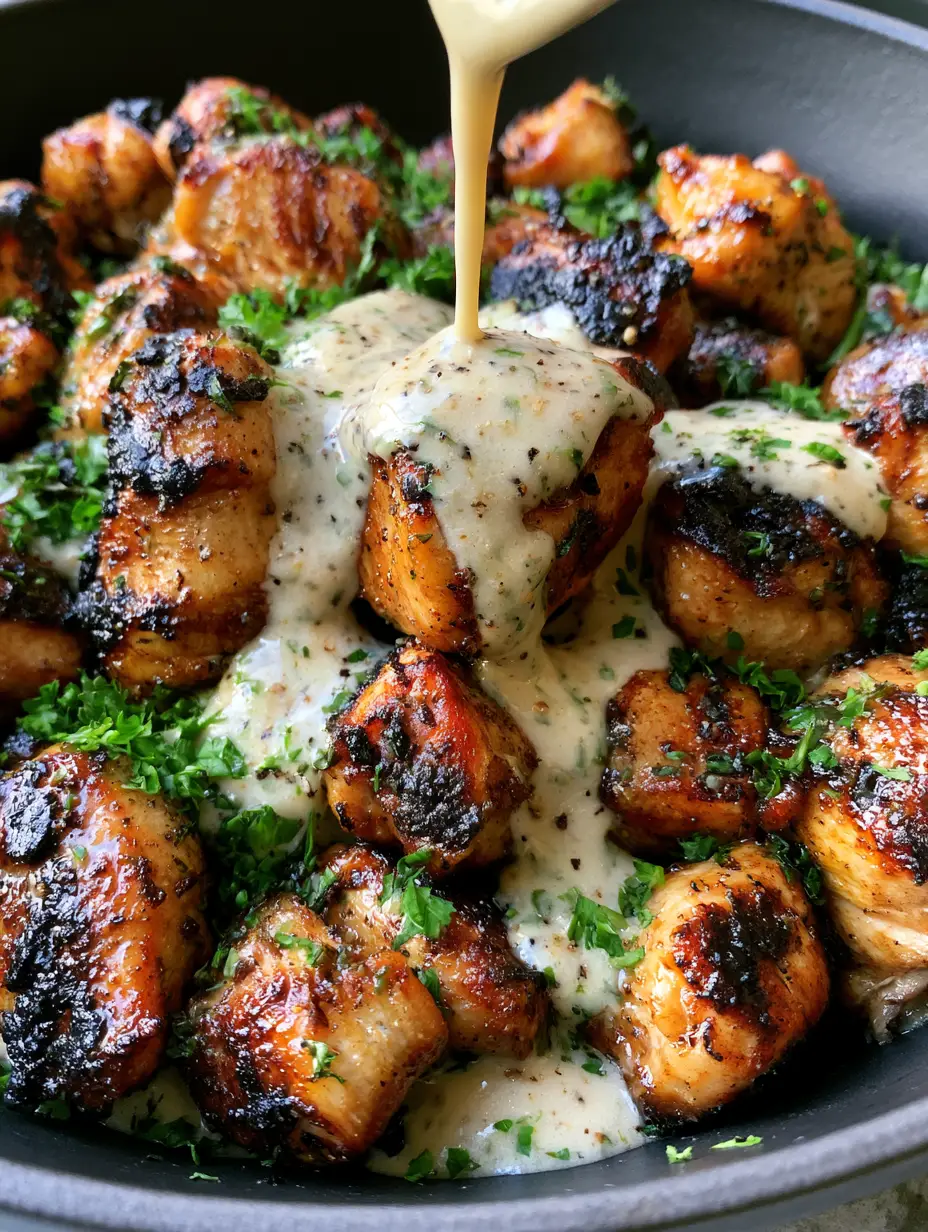 Close-up of seared Grilled Chicken Bites showing charred golden skin and dried herb flecks in a creamy sauce.