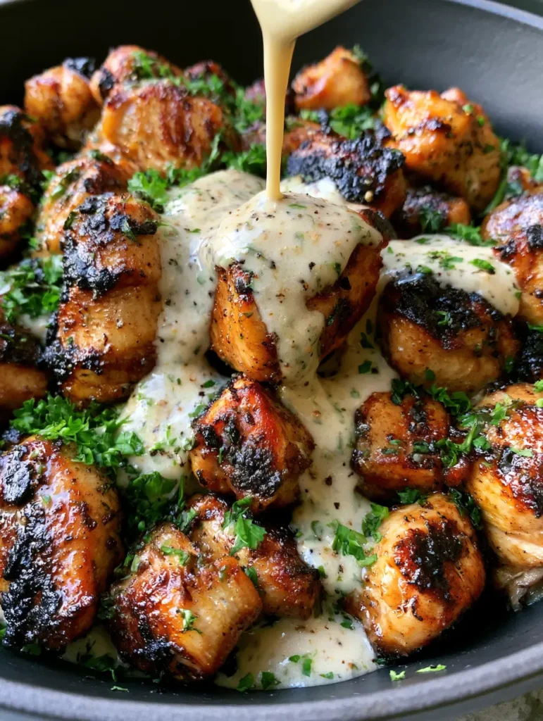 Golden brown Grilled Chicken Bites being drizzled with a thick pale-cream garlic sauce.