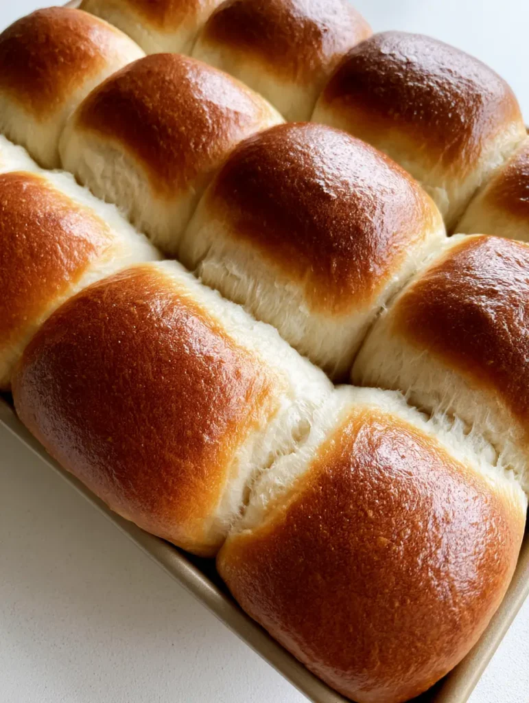 Close up of Homemade Hot Dog Buns showing the deep golden-brown crust and soft texture.