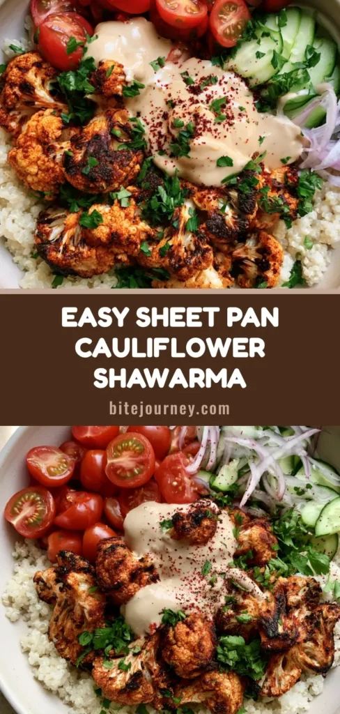 A vibrant Cauliflower Shawarma Bowl with charred cauliflower florets, fluffy white quinoa, halved cherry tomatoes, sliced cucumbers, and a creamy tahini drizzle on a gray stone surface.