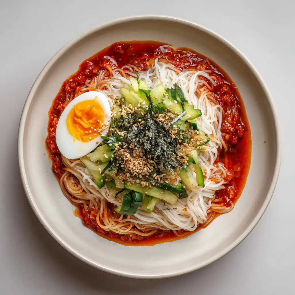 Bibim Guksu in a white bowl garnished with fresh julienned cucumbers, a jammy soft-boiled egg, and toasted sesame seeds.