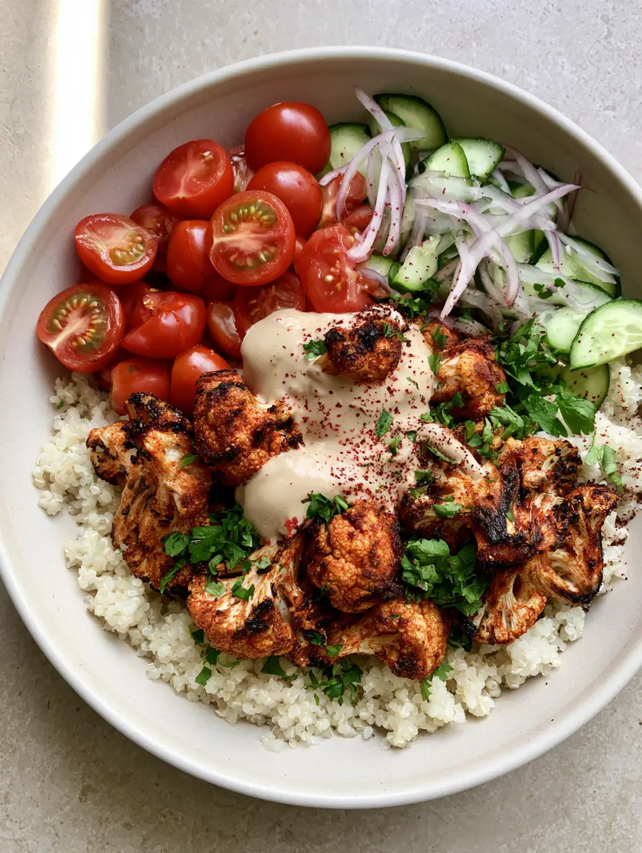 Close-up of a Cauliflower Shawarma Bowl showing the dark orange spice rub on roasted cauliflower florets and fluffy white quinoa.