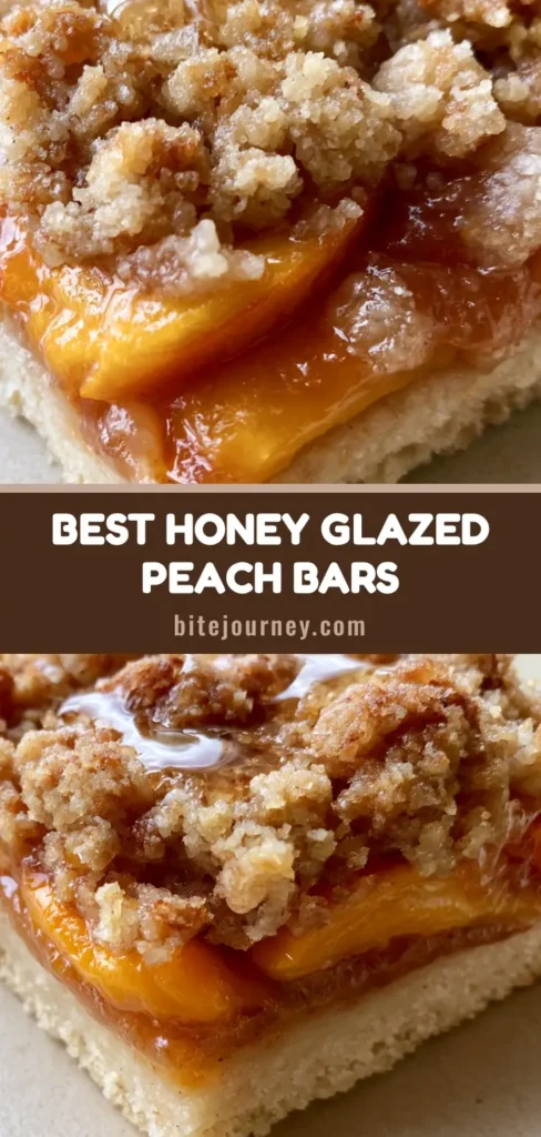 A stack of Peach Crumble Bars showing the pale-tan shortbread base, jammy orange peaches, and golden-brown crumble with honey glaze.