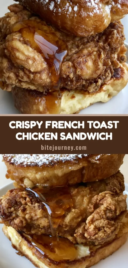 A towering French Toast Fried Chicken Sandwich with thick brioche and craggy fried chicken drizzled in maple syrup on a white plate.