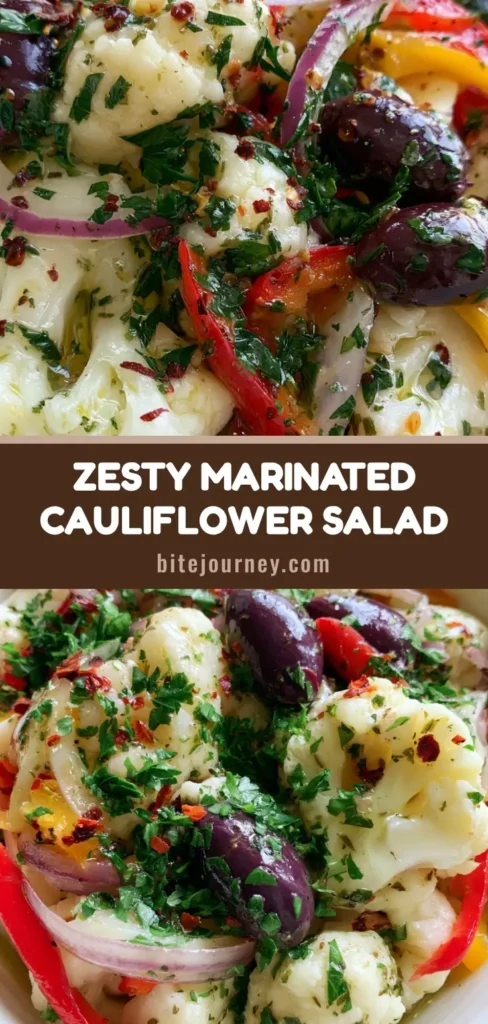 A tall Pinterest pin image showing a white ceramic bowl filled with Marinated Cauliflower Salad, red pepper strips, and whole kalamata olives with a glossy dressing.