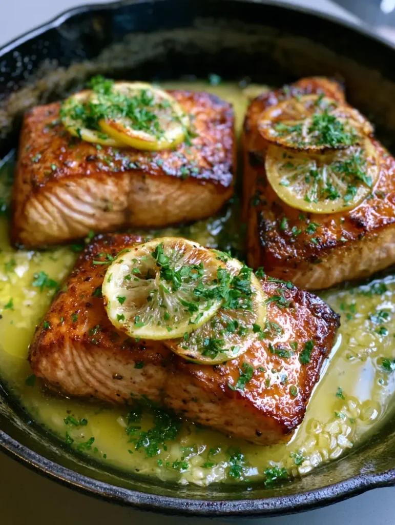Lemon Garlic Butter Salmon: The Perfect 15-Minute Cast Iron Dinner 2 Close-up of golden-brown Lemon Garlic Butter Salmon fillets with visible flaky layers and shimmering butter glaze.