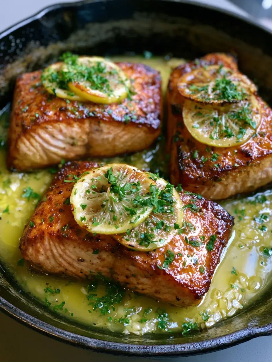 Lemon Garlic Butter Salmon: The Perfect 15-Minute Cast Iron Dinner 3 Close-up of golden-brown Lemon Garlic Butter Salmon fillets with visible flaky layers and shimmering butter glaze.