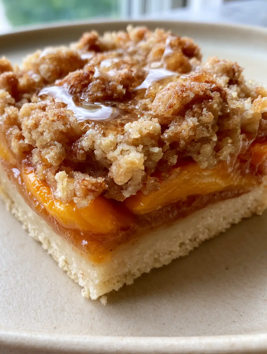 Close-up of a single Peach Crumble Bar showing a half-inch thick shortbread foundation and amber peach slices.