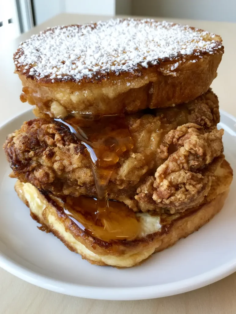Close up of the custardy interior of brioche used in a French Toast Fried Chicken Sandwich.