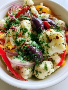 A close-up smartphone photo of Marinated Cauliflower Salad in a white bowl with visible herb-flecked vinaigrette and red pepper flakes.