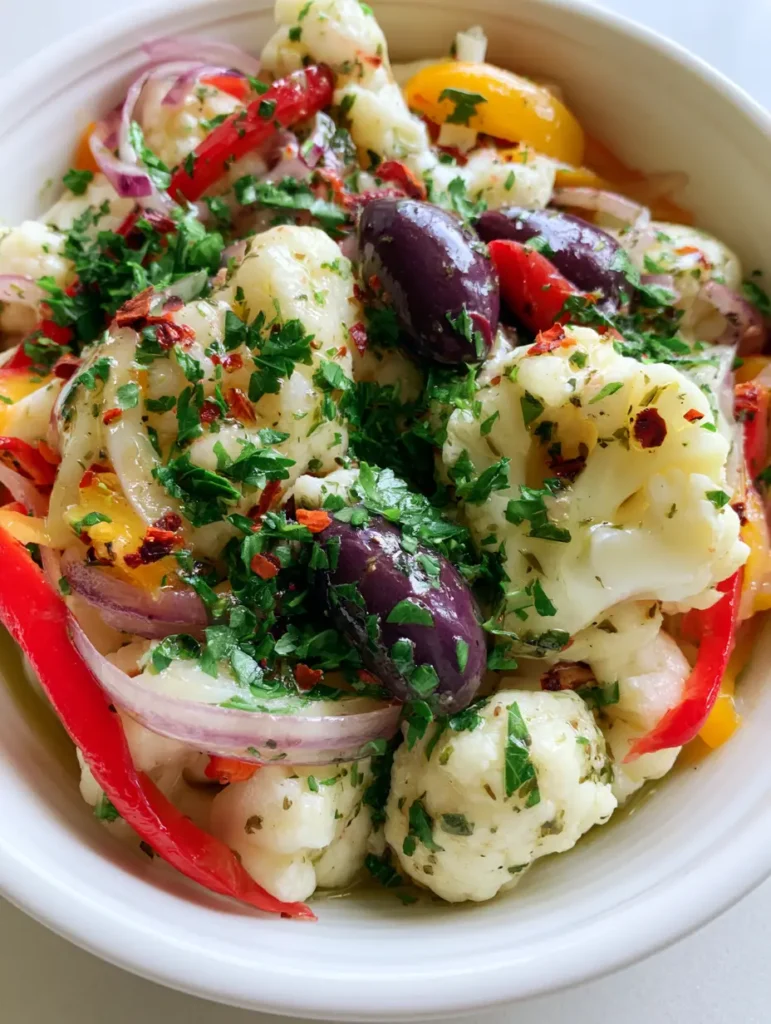 A close-up smartphone photo of Marinated Cauliflower Salad in a white bowl with visible herb-flecked vinaigrette and red pepper flakes.
