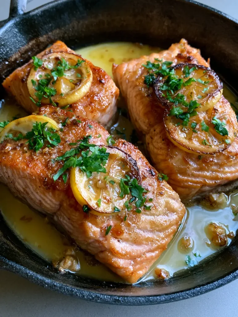 Lemon Garlic Butter Salmon: The Perfect 15-Minute Cast Iron Dinner 1 Cast iron skillet containing salmon fillets with charred lemon slices and minced garlic in a yellow butter sauce.