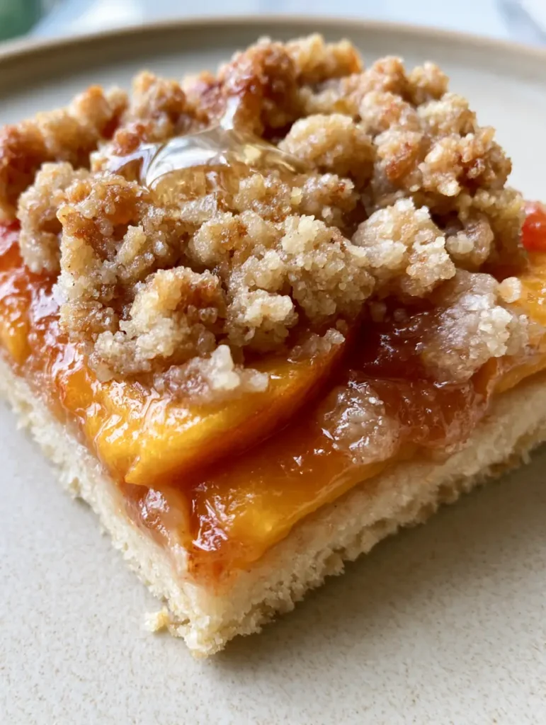 Top view of Peach Crumble Bars showing the textured chunky golden-brown crumble and glossy honey drizzle.