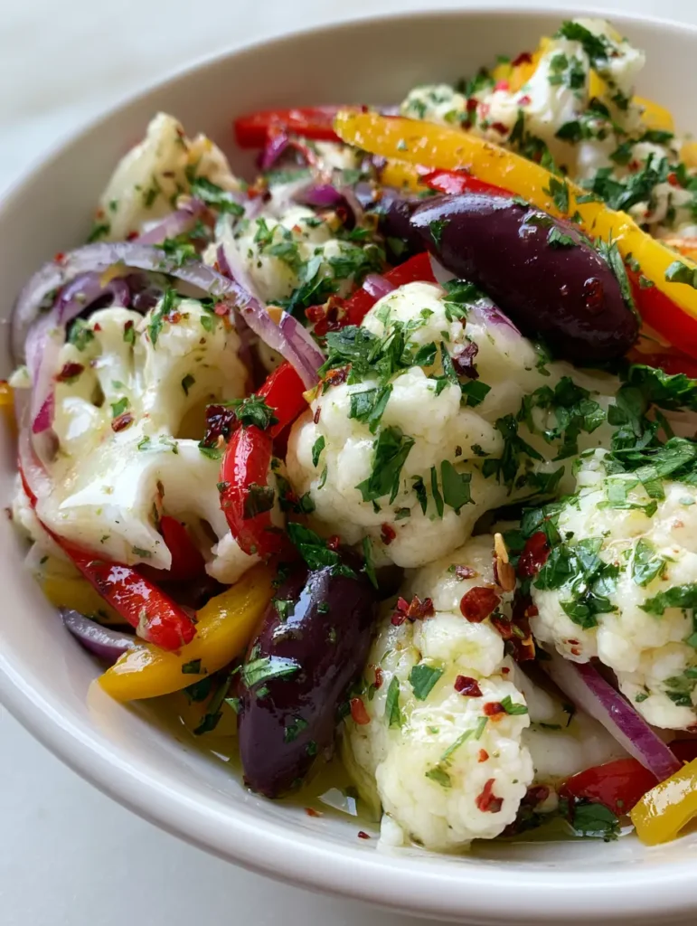 Bird's eye view of the Marinated Cauliflower Salad showing the whole Kalamata olives and colorful bell pepper strips.